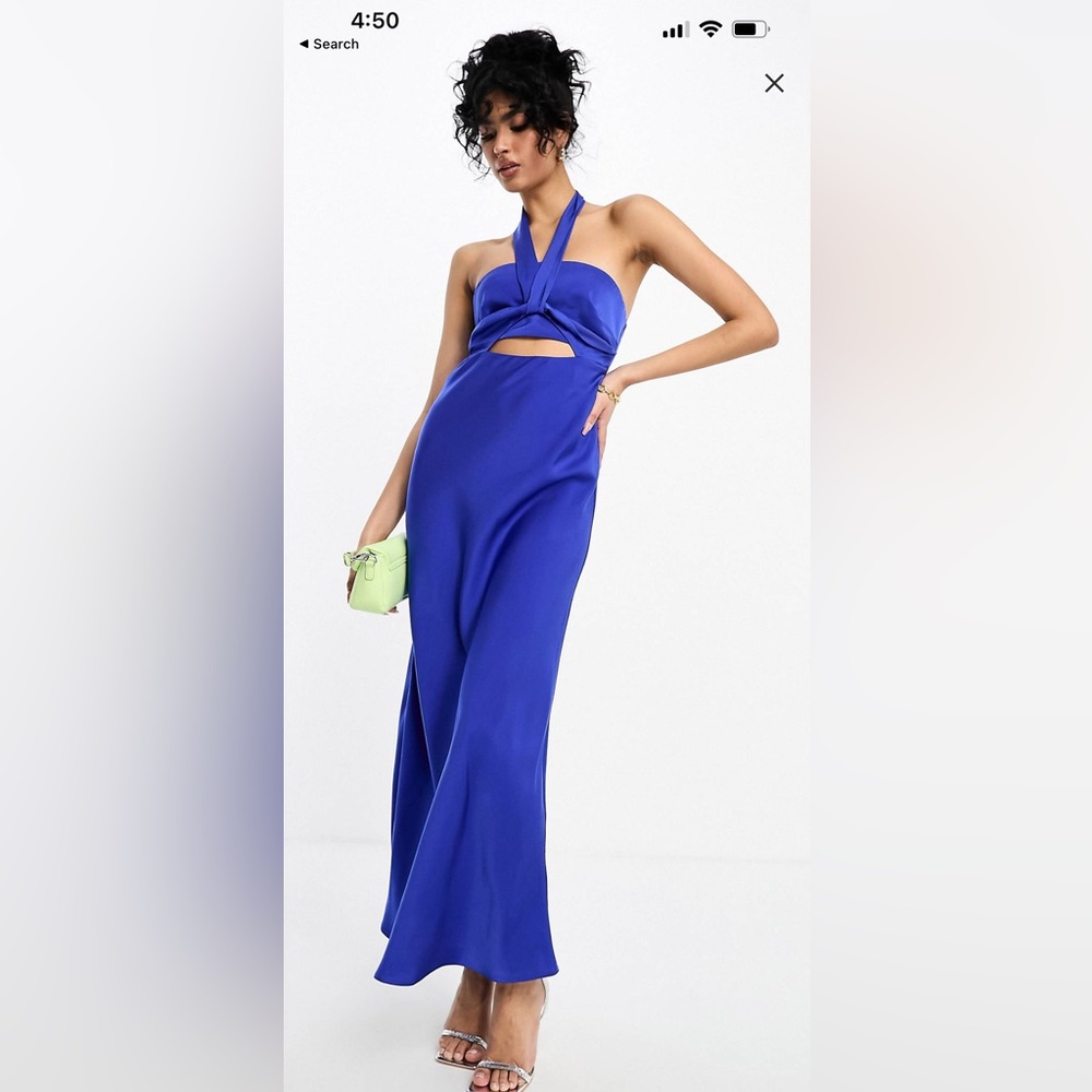 ASOS Design satin halter neck twist maxi dress with front cut out